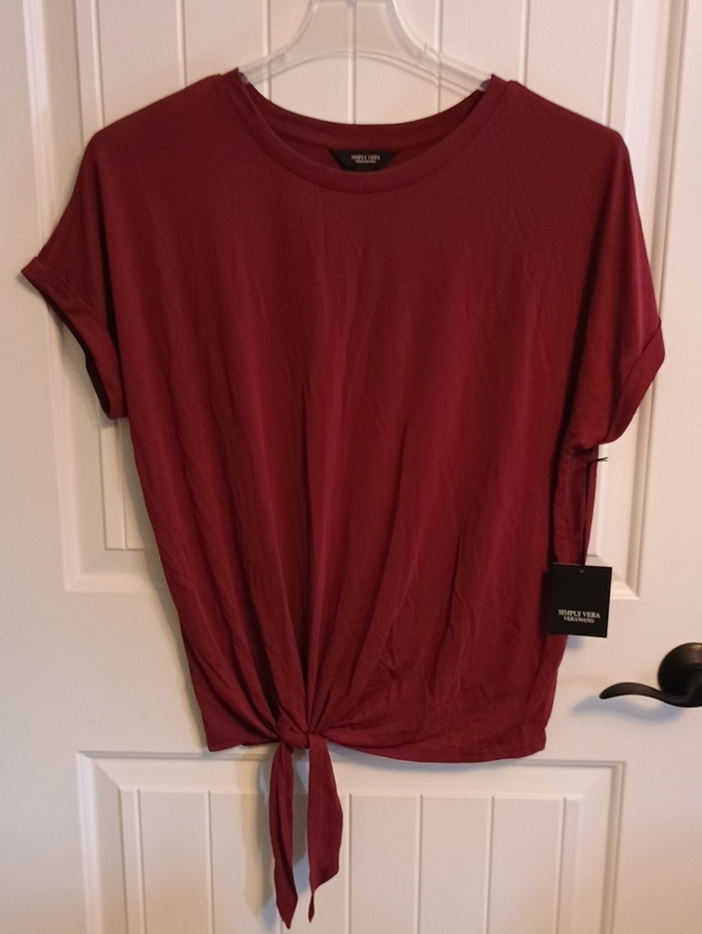 NWT Woman's Size Large Simply Vera Vera Wang Burgundy Short-Sleeve Tie-Front Top